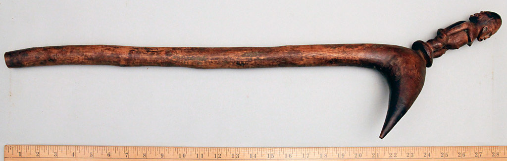 African Wooden Ceremonial Implement / Club with a 'Janus' Back to Back Male / Female Figure