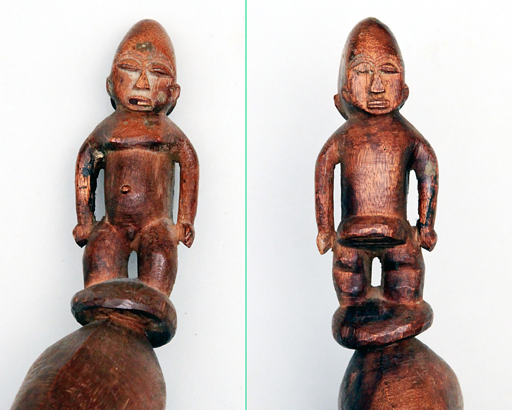 African Wooden Ceremonial Implement / Club with a 'Janus' Back to Back Male / Female Figure